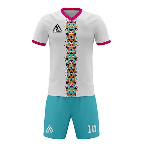 Summa Drive Triangle Stripe Soccer Shirt and Short Sublimation Football Wear White/Pink With Triangle Design